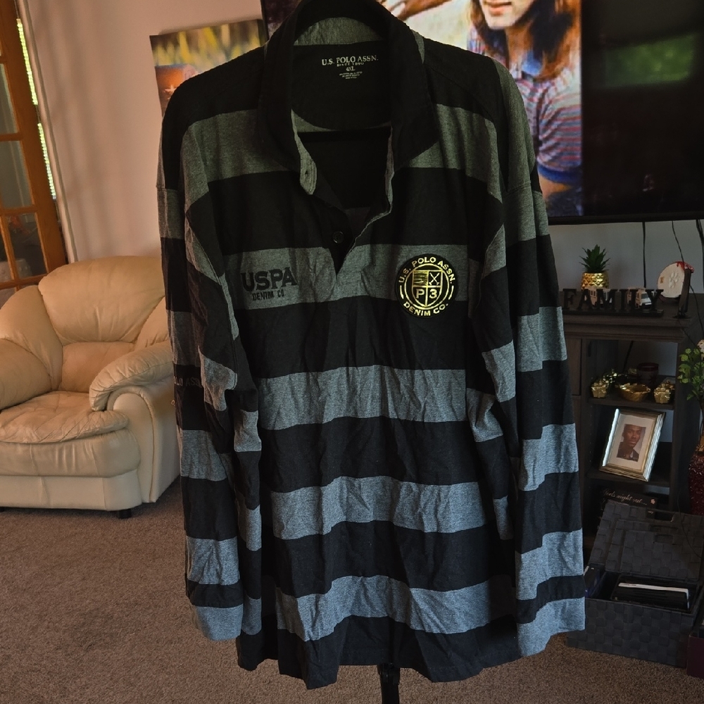 U.S. Polo Assn. Black and Gray Striped Long Sleeve Polo  🩶    Size 4XL